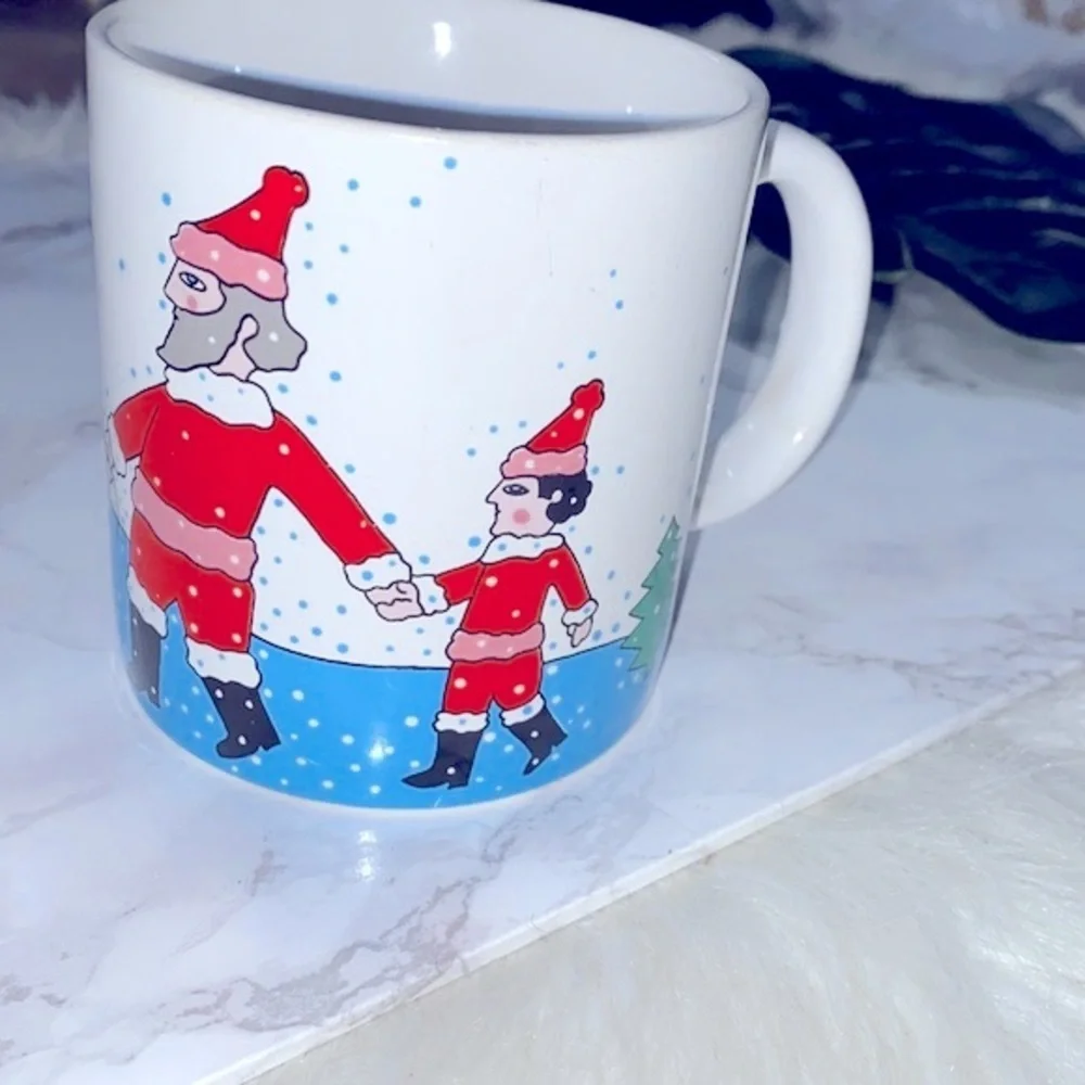 Vintage Santa and elf ceramic Christmas cofffee mug